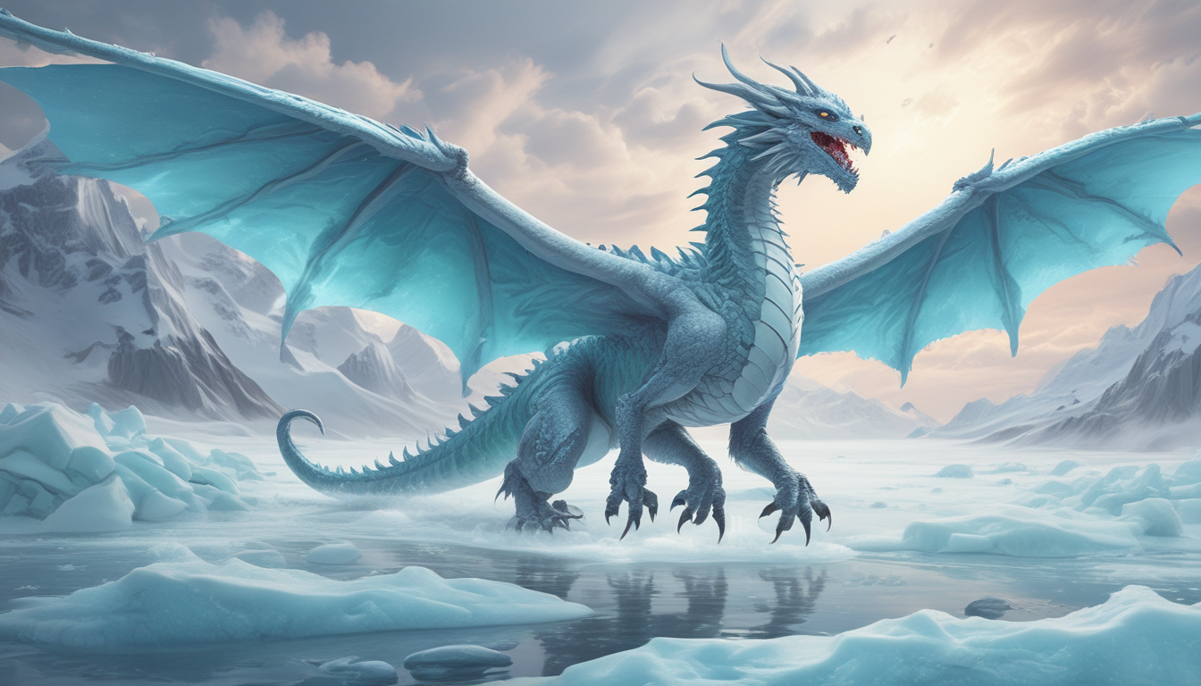 Un majestueux dragon bleu aux écailles cristallines, perché sur un glacier scintillant, style peinture digitale réaliste